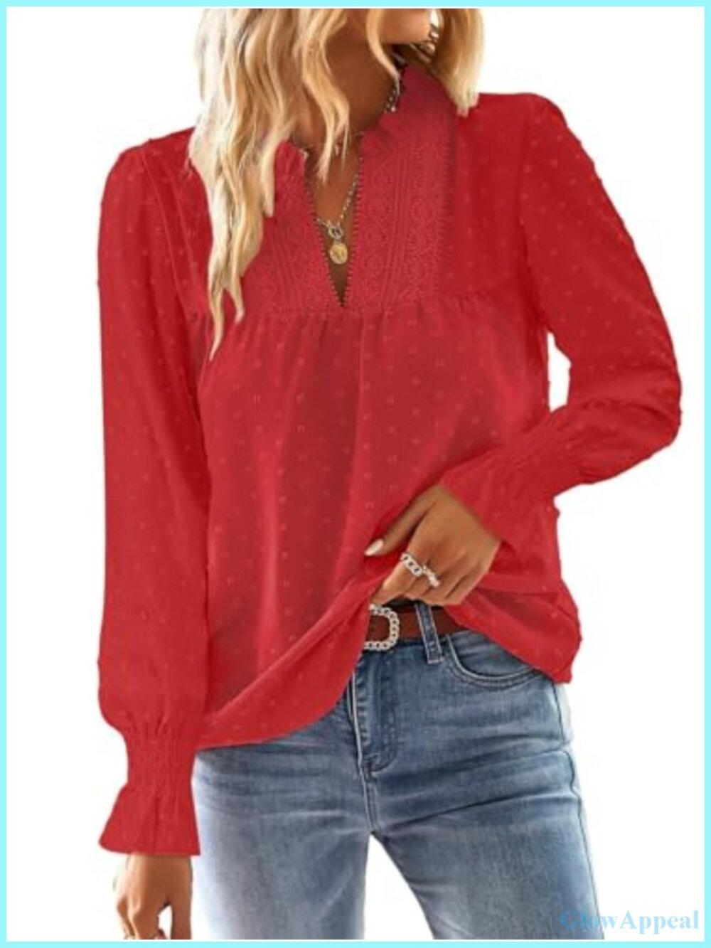 Boho Flowy Long Sleeve V-Neck Blouse Lightweight Polyester Dressy Casual